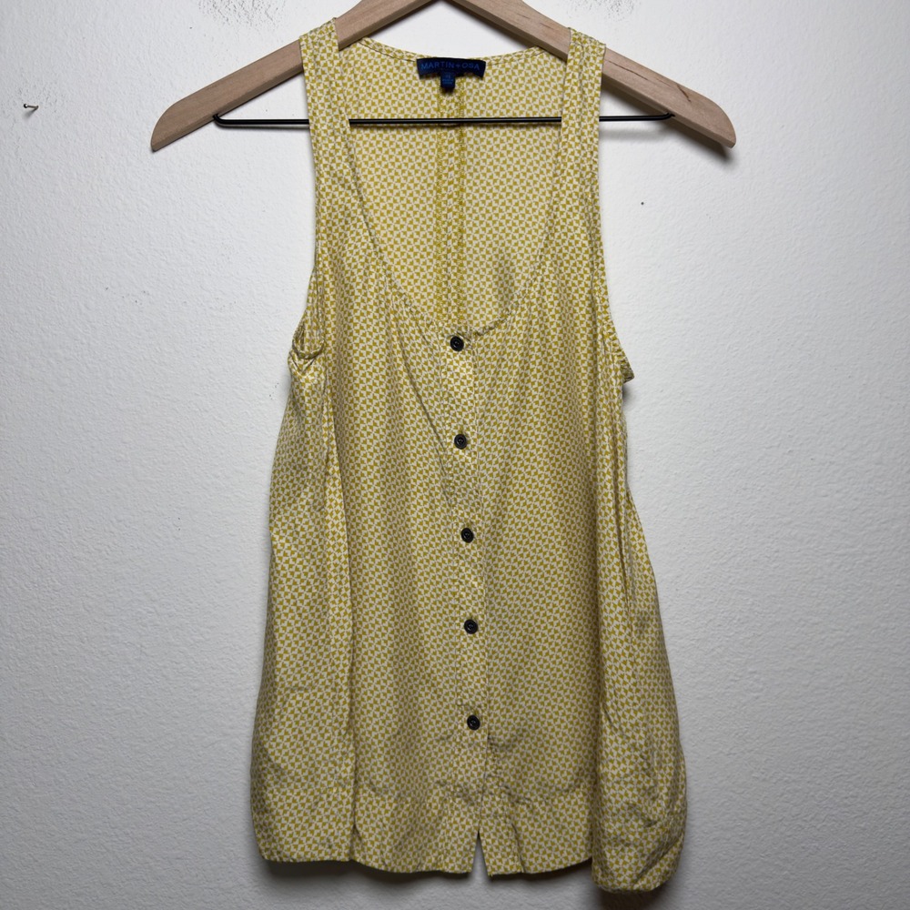 Martin + Osa Women 100% SILK Tank Top XS Yellow Geometric Button Front Old Money